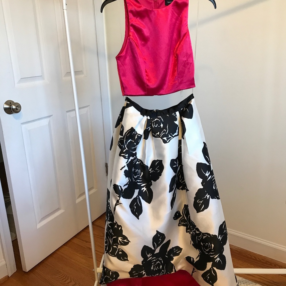 NWT- 2 piece Dress (hot pink top, high-low black/white floral A-line skirt)